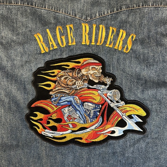 Wrangler Blue Denim Embroidered Back Patch "Rage Riders" Biker Motorcycle Vest L - Picture 11 of 14